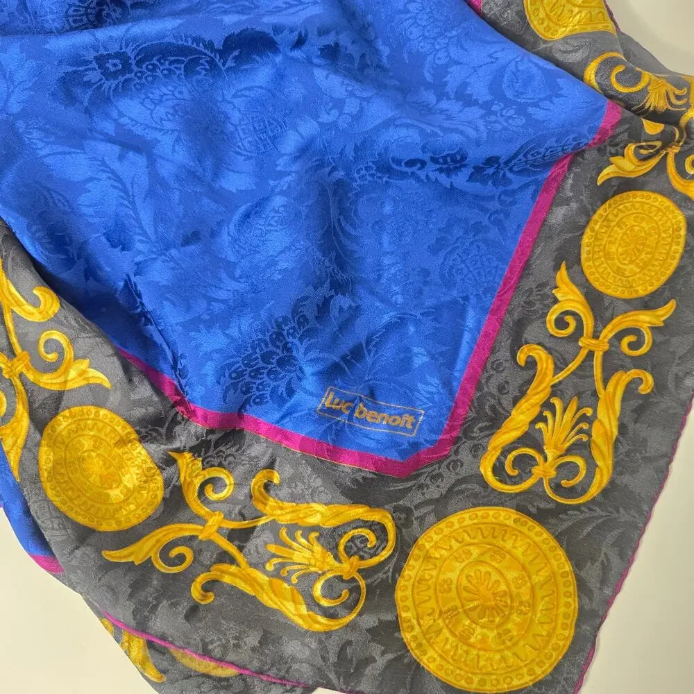 Vintage Luc Benoit Baroque Silk Scarf Gold Medallion Ornate Damask Square 33x33